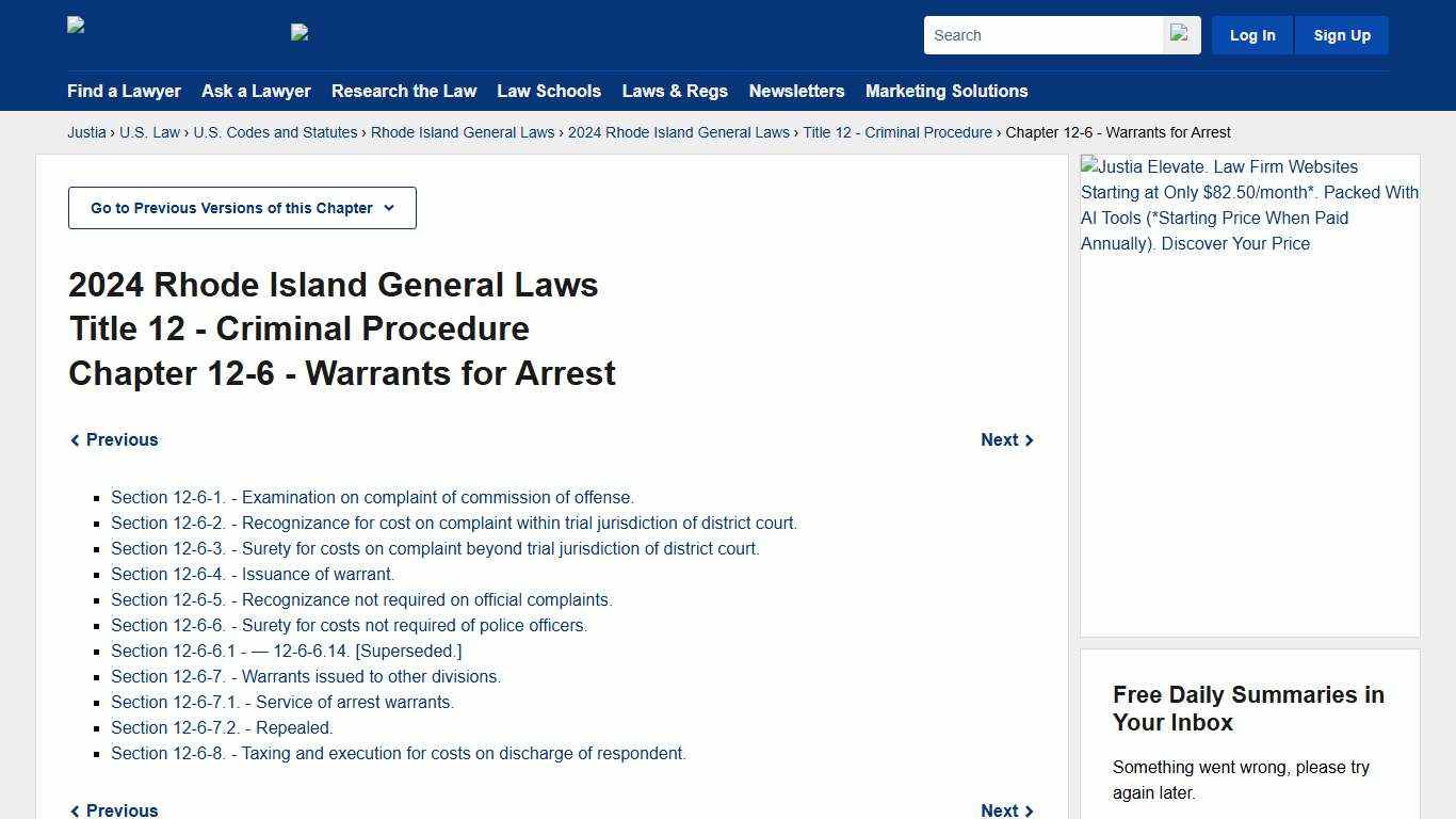 General Laws of Rhode Island Chapter 12-6 (2024) - Warrants for Arrest :: 2024 Rhode Island General Laws :: U.S. Codes and Statutes :: U.S. Law :: Justia