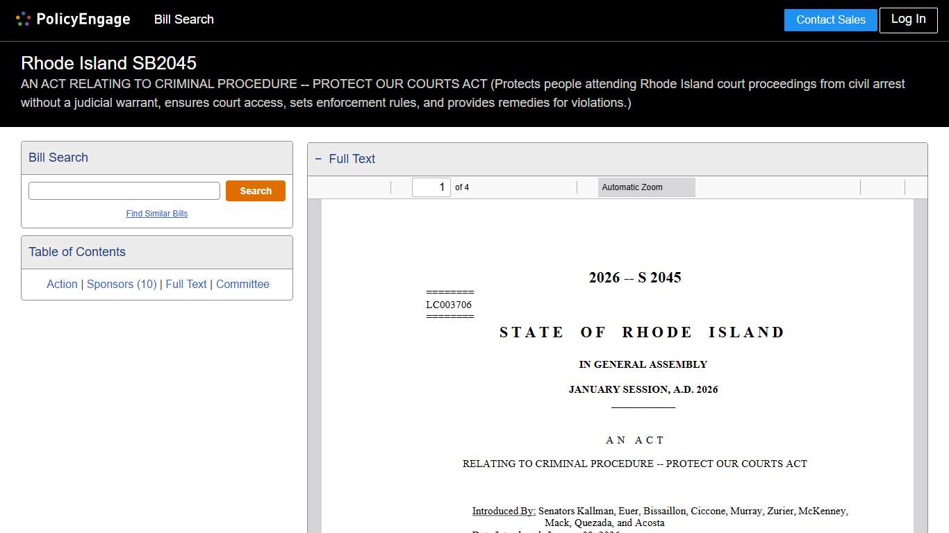 SB2045 Rhode Island 2026 AN ACT RELATING TO CRIMINAL PROCEDURE -- PROTECT OUR COURTS ACT (Protects people attending Rhode Island court proceedings from civil arrest without a judicial warrant, ensures court access, sets enforcement rules, and provides remedies for violations.) - Legislative Tracking PolicyEngage
